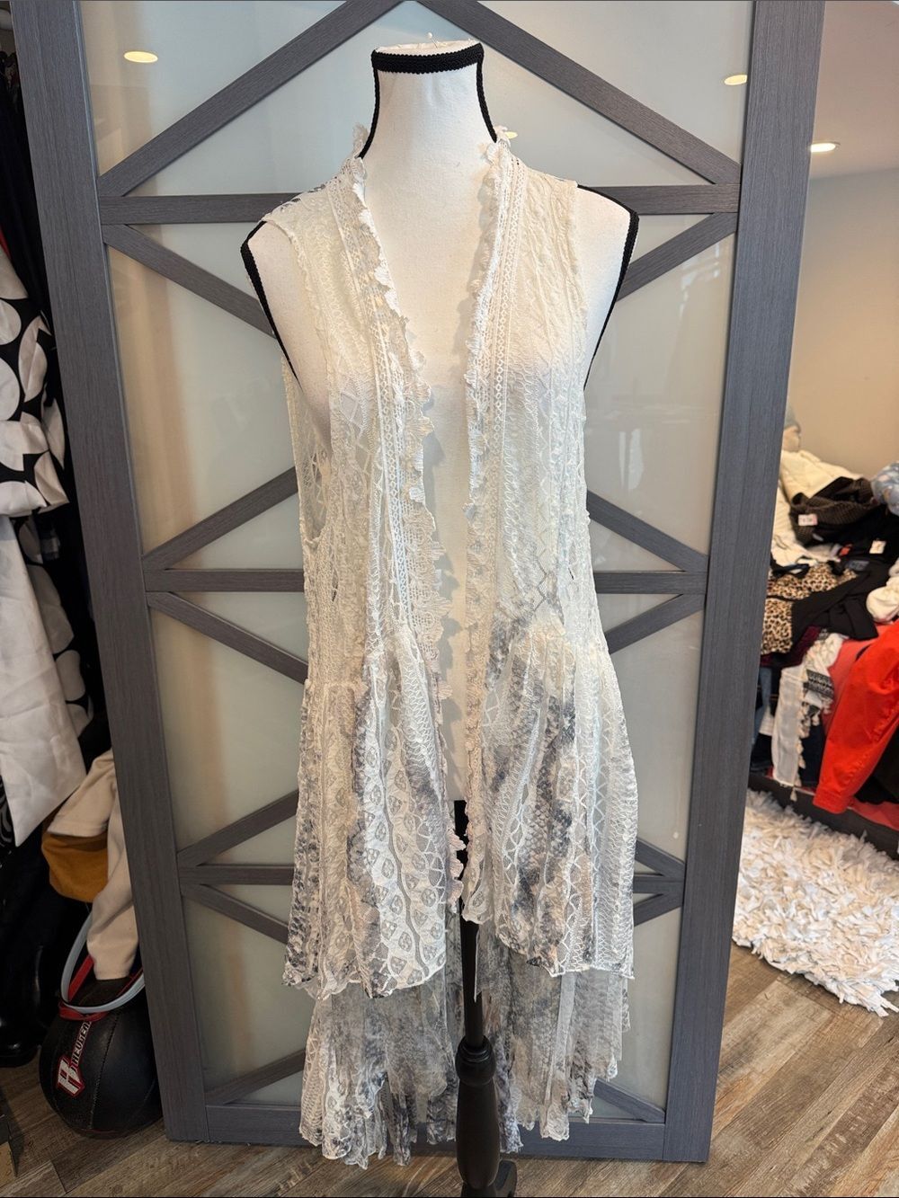 Lace Layered Open-Front Wrap Vest - White/Cream